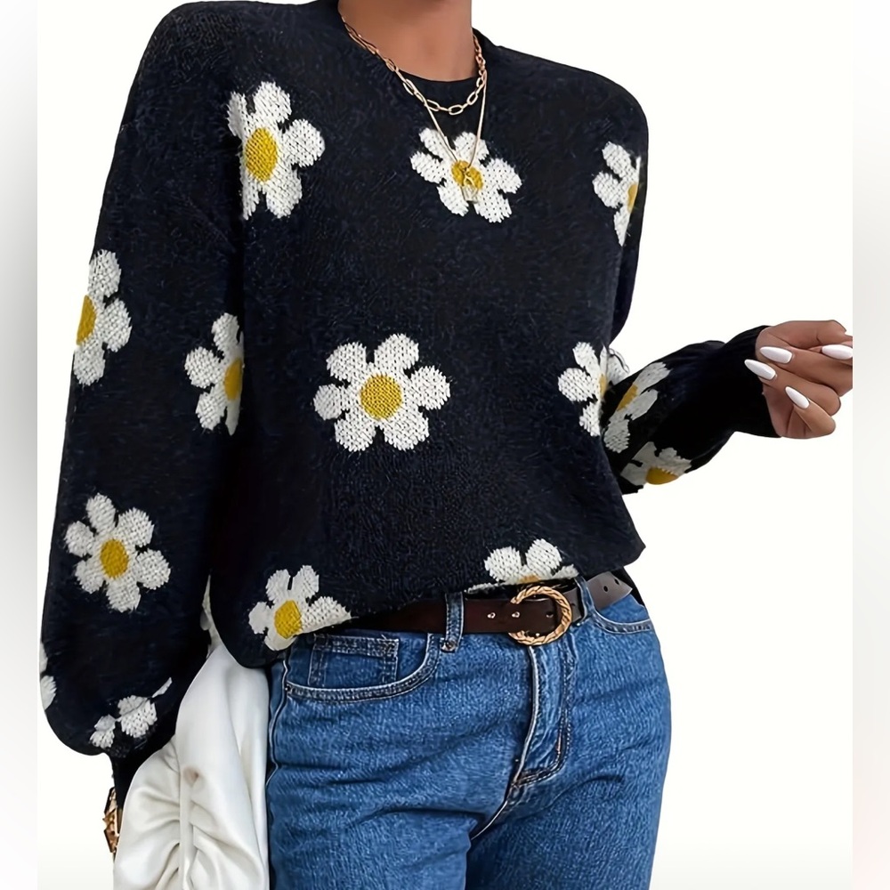 501. Floral Pattern Crew Neck Pullover Sweater, C… - image 1